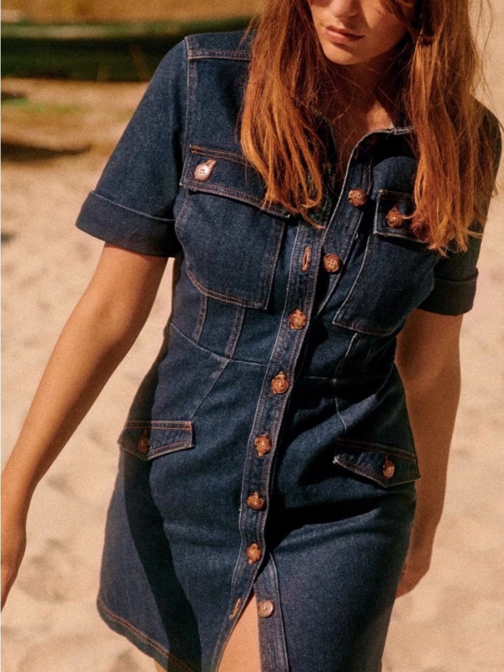 SEZANE Thalys Dress Dark Blue Denim Button-Front Women’s Jeans Dress